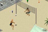 Sims jogando vôlei no lote.