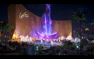 The hotel at night.