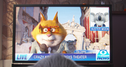Kip Casey reporting on the destruction of Moon Theater, as seen on Eddie's television.