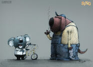 Sing ericguillon 008.jpg (177 KB) An early version of Buster dropping off his bike at Les Calmars; the smoking dog was ultimately replaced with a chimpanzee.