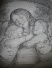 Veronica hugging her two daughters in the Jalopy, after she woke up from her enchanted sleep