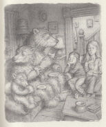 The girls drink tea with the Three Bears