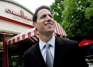 Shapiro in front of the Cyber Cafe at Six Flags Great America.