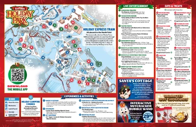 Holiday in the Park 2025 guide map for Six Flags Fiesta Texas
