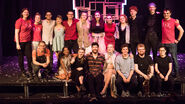 Lucy with the crew of Six, including Toby Marlow, and the queens (Megan Gilbert, Ashleigh Weir, Holly Musgrave, Oliver Wickham, Annabel Marlow, and Shimali de Silva).
