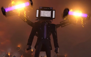 Large TV Man2.0 looking at the Obliterator Astro Toilet with his charged up Detaining Claws.