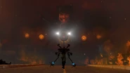 Him lighting his flashlights at Plungerwoman.