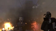 The Chief Scientist Mech and other Skibidi Toilets emerging from the teleportation smoke, causing the Cameramen to evacuate.