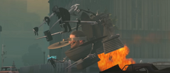 The Jetpack Impaler Skibidi Toilet stabbing a  in the back with one of his .