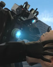 Titan Cameraman holding the demonic head of the  in place and about to incinerate his face with the blast from his .