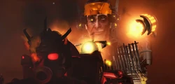  smiling behind the Juggernaut Astro Toilet while rhetorically asking him, "Missed me?".