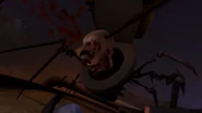 The head of the Hexa-Claw Gray Skibidi Toilet getting stabbed by a spear.