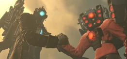 Titan Cameraman and Titan Speakerman giving themselves a firm handshake after handling the conflicts together.