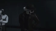 The Detective Cameraman hearing the door, indicating it's his time to leave the interrogation room.