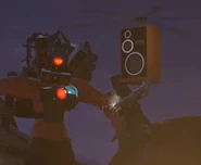 A Welder speaker helicopter attaching an Arm plasma cannon to Titan Speakerman 2.0.