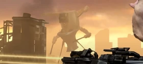 The Bladewielder Strider Skibidi Toilet approaches the battlefield to confront , walking slowly.