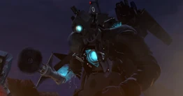 Titan Cameraman preparing to fight the  while his  spinned rapidly and violently.