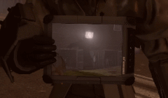 Large TV Man holding 2 containers to help  run from the .