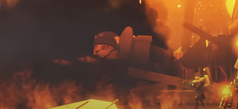 The Cat Skibidi Toilet being visible among the explosions and smoke, attacking the  alongside his comrades.