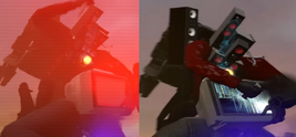 The infected Titan Speakerman stabbing 's screen with a large  in a surprise attack from behind.