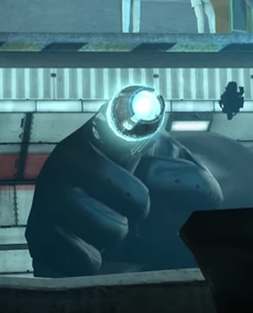 Titan Cameraman about to blast a projectile from his finger towards the  that invaded the laboratory.