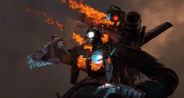 Titan Cameraman placing  behind his back after the reckless battle with .