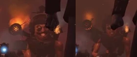 The Berserker Skibidi Mutant 2.0 grinning at the , who had just arrived, but frowned, when the  tried to shoot him with his .