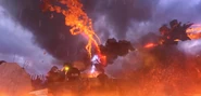 The same Obliterator shooting his plasma emitters at the Jetpack Quad-Laser Skibidi Toilet.