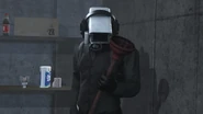 The Guard Cameraman having a serious expression as he looks at the plunger, knowing that it was a signature item for Plungerman.