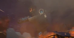 An infected Tri-Artillerist Skibidi Toilet flying towards the  after shooting all his .