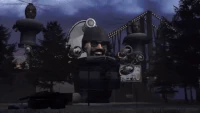 The Quad-Launcher Skibidi Toilet shooting a rocket towards .