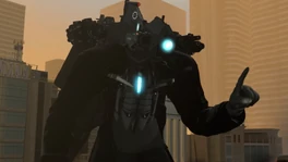 Titan Cameraman wagging his finger at the  while his equipment shifted around his body.