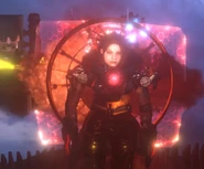 The Duchess Astro Toilet activating her holographic shield at the attacks behind her.