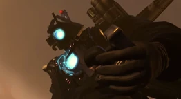 Titan Cameraman about to crush the Toilet in his hand, possibly being the , with anger.