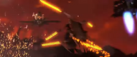 The Michael Jackson Skibidi Toilet about to attack one of the Astro Interceptors with the help of his jetpack.