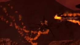 The Upgraded Berserker Skibidi Mutant using his  against the  while flying with the help of his .