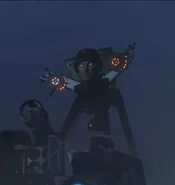 A Weaponized Strider Skibidi Toilet with other Skibidi Toilets arriving at the Cameramen headquarters.