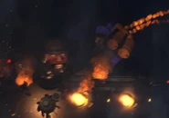A Superman Skibidi Toilet about to collide with the Obliterator Astro Toilet.