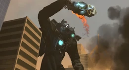 Titan Cameraman about to throw his  to the ground after noticing it was affected by the acid from the .