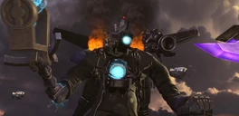 Titan Cameraman raising his , indicating he is prepared to fight another battle despite his injuries.