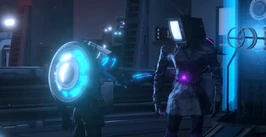 The  silently pushing TV Woman away from his path towards his chamber.