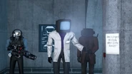 The Brown Speakerman giving the translator to the Scientist TV Man.