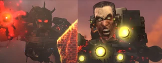 The G-Toilet and the  staring at each other face to face after the battle and defeat of the .