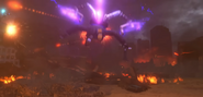 Large TV Man 2.0 flying into the battlefield with sword in hand.