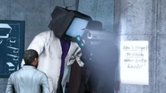 The Scientist TV Man slamming the Detective Cameraman to the wall.