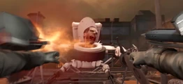 The Quad-Buzzsaw Strider Skibidi Toilet left blind due to the attack from the   in its eyes.