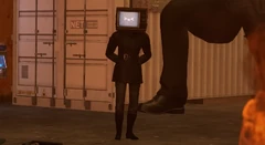 The TV Woman looking at the  () before leaving the place via .