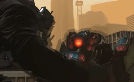 Titan Cameraman holding the 's arms in place, preventing him to grab  from the .