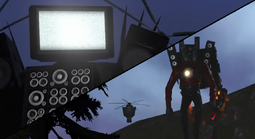  and the infected Titan Speakerman observed each other from a distance, ready to fight, with the latter ascending using his .