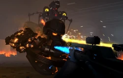 The Scout Astro Toilet preparing to attack the , but his attention shifts to the  after the latter tries to attack him with his ,  and  followed along.